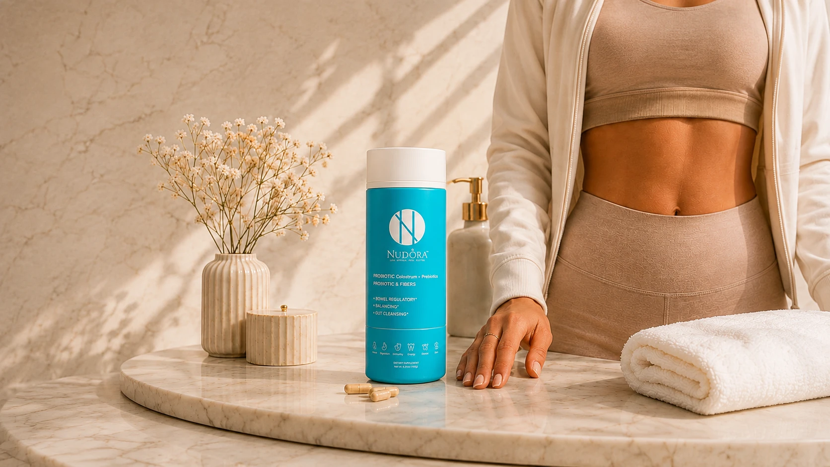Bright wellness scene with the Nudora Life Green gut and digestion formula