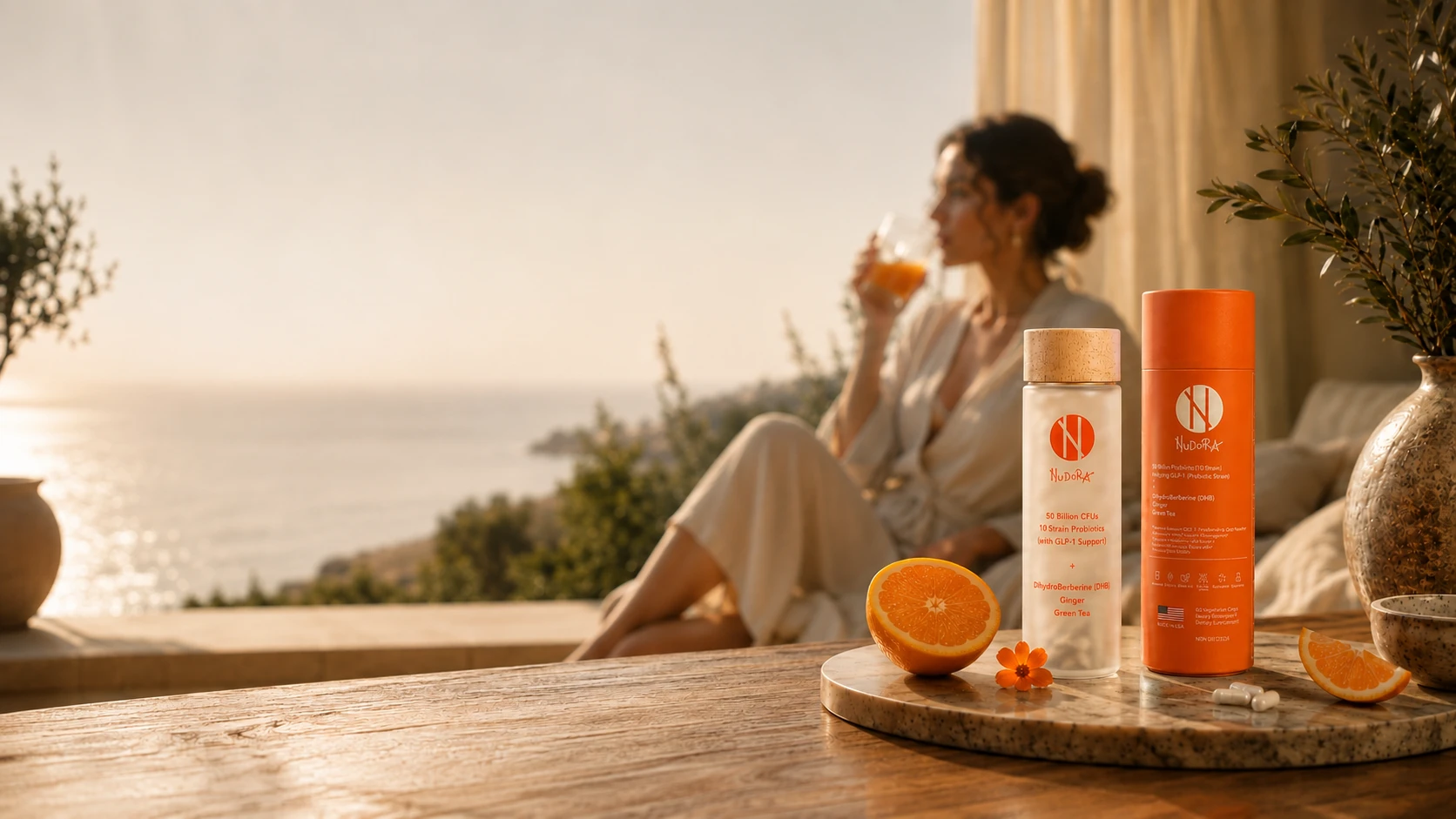 Golden-hour coastal terrace with two Nudora Life Orange metabolism and energy bottles on a marble table